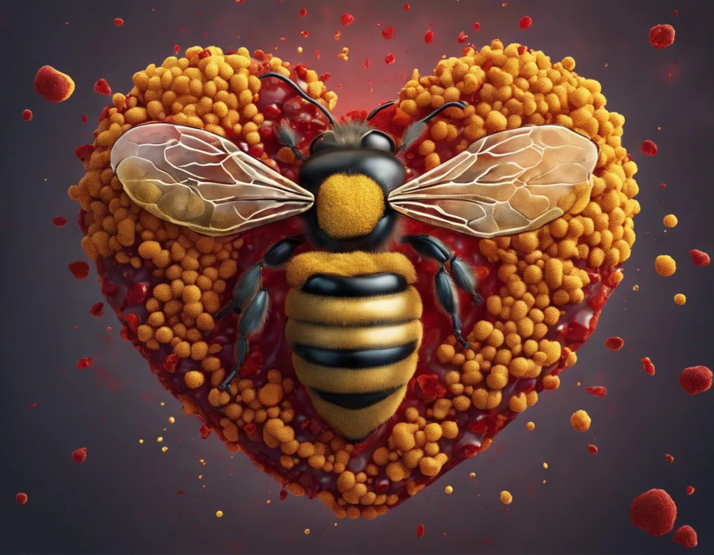 Иллюстрация в форме сердца с гранулами пчелиной пыльцы и кровеносными сосудами