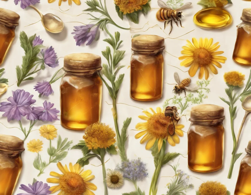 Ложка мёда с лекарственными травами и цветами вокруг, символизирующая натуральное облегчение аллергии