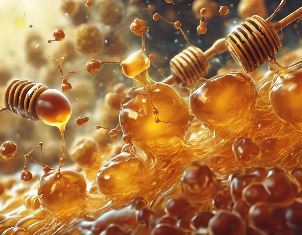 Микроскопический вид антиоксидантов, взаимодействующих со свободными радикалами в среде, напоминающей мёд
