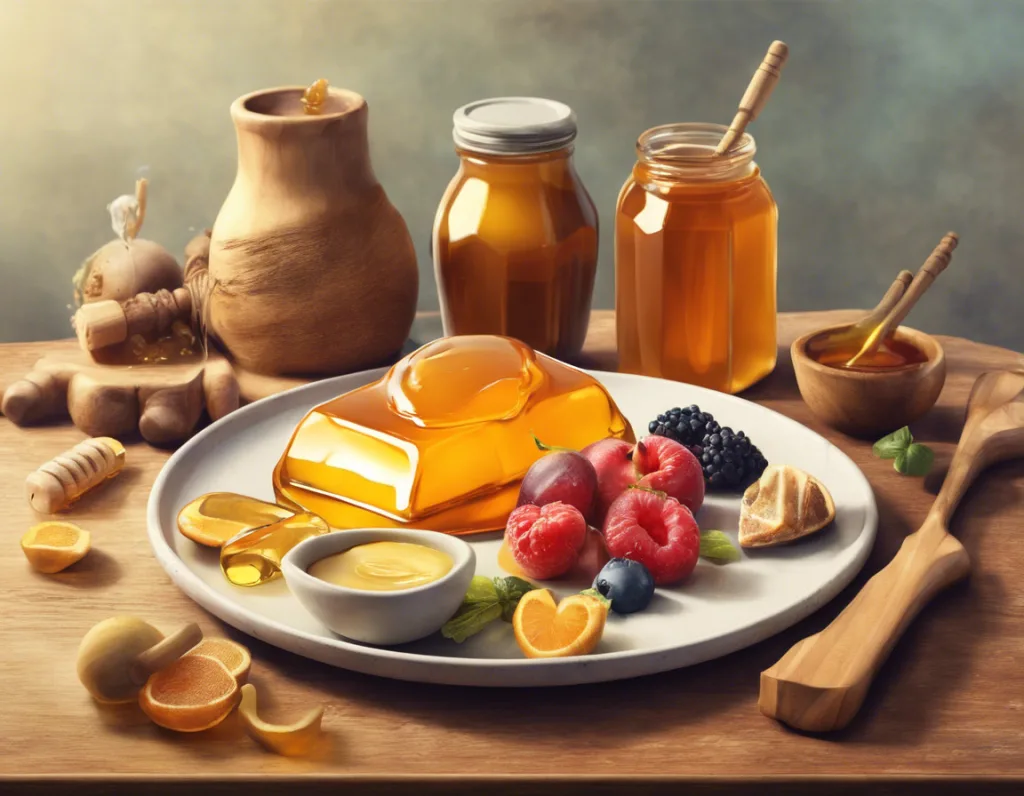 Сбалансированная тарелка диетической пищи с небольшой миской мёда и различными полезными продуктами